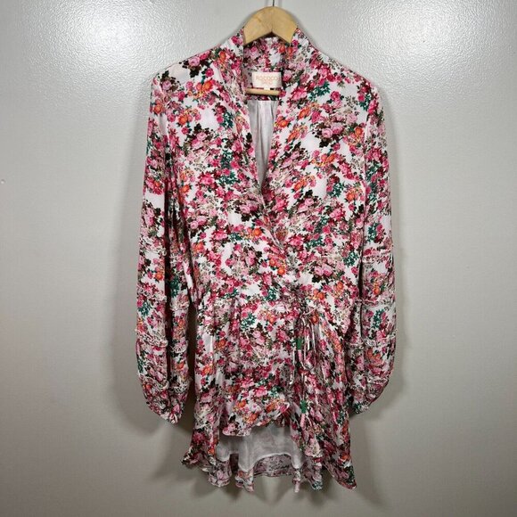 Rococo Sand Vie Mini Dress Size XL Floral Pink Ruffle Resort Wear Vacation Wrap - Picture 2 of 13